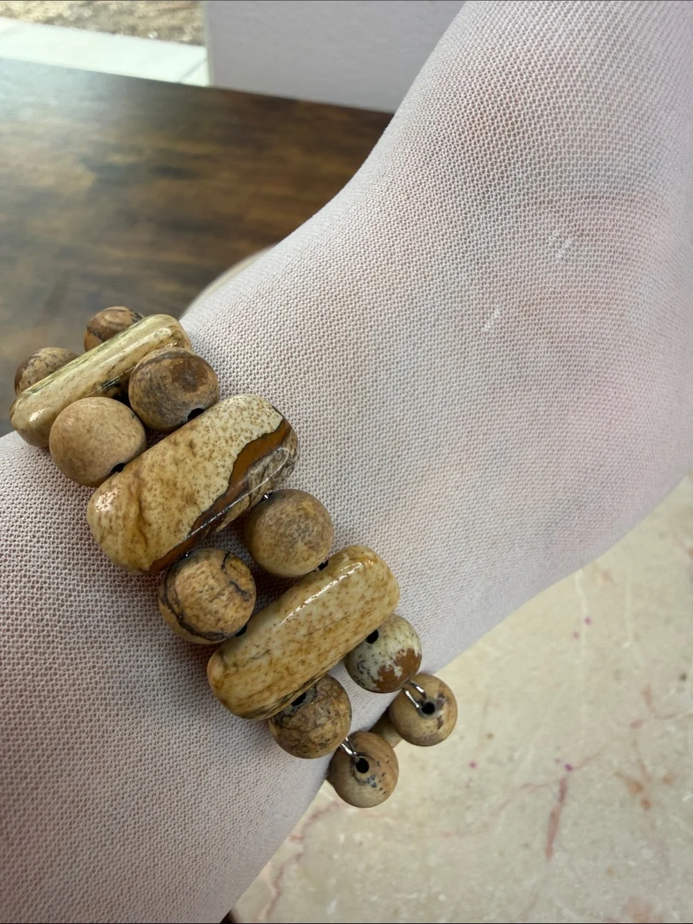 Brown Natural Stone Beaded Stretch Bracelet with Silver Cross Accent